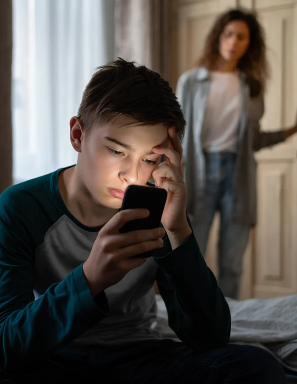 Мальчик увлеченно смотрит в телефон